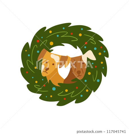 Cute Christmas dogs into the wreath. Merry Christmas and happy new year pets isolated vector element. 117045741