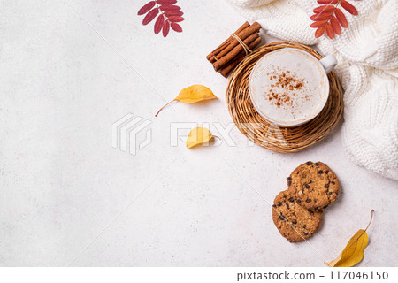 Cosy autumn background, coffee and cookies Cosy autumn background, coffee and cookies 117046150