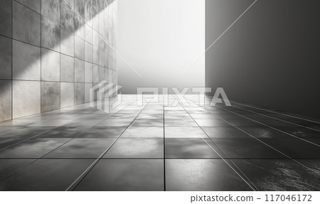 Monochrome image, sunlight streaming into an empty room. 117046172