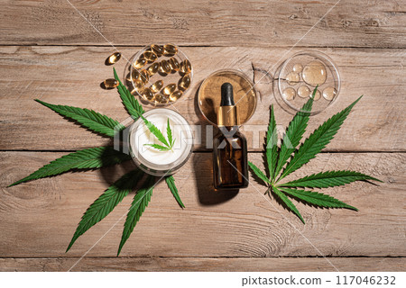 Hemp cannabis leaves and cbd oil products 117046232