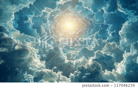 Bright sun shining through fluffy clouds. 117046239