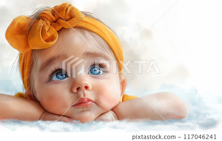 Illustration on a white background, a baby in a yellow bow looks up. 117046241