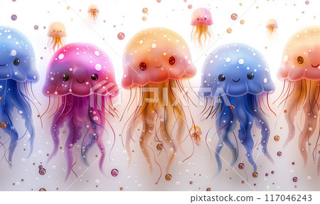 Watercolor multi-colored jellyfish on a white background. 117046243