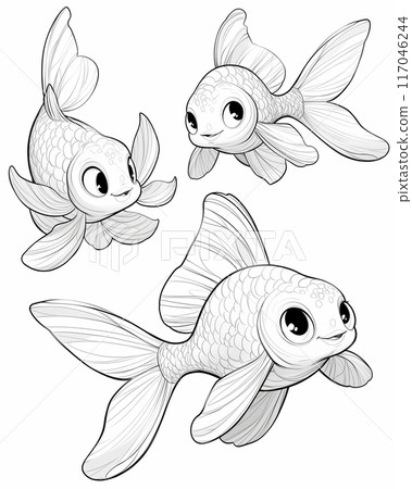 Black and white illustration for coloring animals of the aquatic world, fish. 117046244