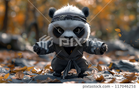 Cartoon 3d panda practices kung fu in an autumn forest. 117046258