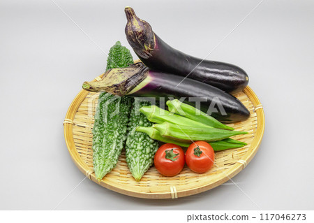 什錦夏季蔬菜 — 茄子、苦瓜、番茄、秋葵 — 放在漏杓上 117046273