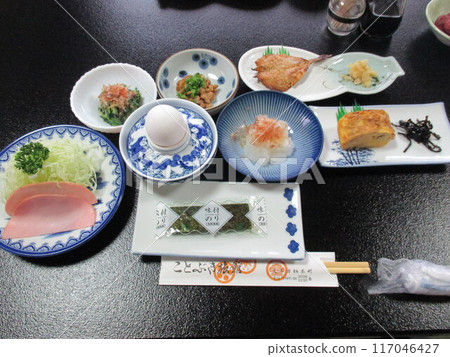 Breakfast served at a seaside inn in Amakusa City, Kumamoto Prefecture 117046427