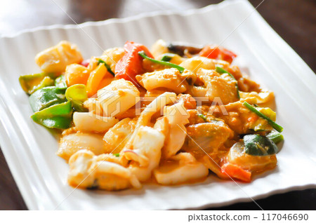 stir fried squid with vegetable, curry squid or squid salad stir fried squid with vegetable, curry squid or squid salad 117046690