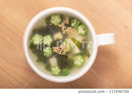 Chinese soup with okra, wakame seaweed and tofu Chinese soup with okra, wakame seaweed and tofu 117046700
