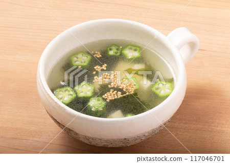 Chinese soup with okra, wakame seaweed and tofu Chinese soup with okra, wakame seaweed and tofu 117046701