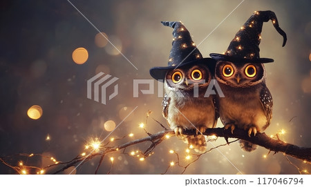 Magical Owls in Witch Hats Perched on Autumn Branches with Twinkling Lights 117046794