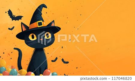 Smiling Black Cat in Witch Hat with Candy and Bats for Whimsical Halloween Banner 117046820