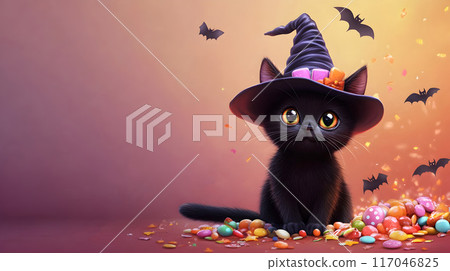 Cute Black Cat in Witch Hat Surrounded by Halloween Candy and Bats on Solid Background 117046825