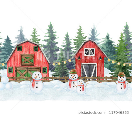 Winter time countryside landscape seamless border festive decor. Vintage style painted illustration. Hand drawn funny snowman, fir tree forest, snow, red barns seamless border element isolated 117046863