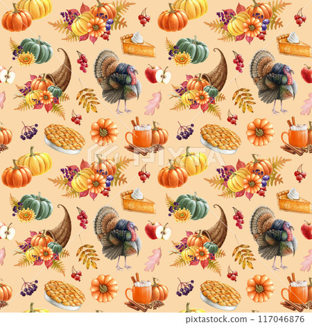 Thanksgiving decor elements festive seamless pattern. Watercolor painted illustration. Hand drawn traditional Thanksgiving decoration, food, turkey bird, flower in warm autumn colors seamless pattern 117046876