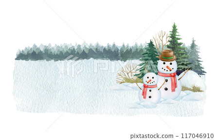Winter season outdoors nature scene. Funny snowman on snowy ground with fir trees. Vintage style illustration. Smiling two snowman in winter forest scene. Traditional winter season snow decoration Winter season outdoors nature scene. Funny snowman on snowy ground with fir trees. Vintage style illustration. Smiling two snowman in winter forest scene. Traditional winter season snow decoration 117046910