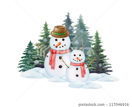 Funny snowman couple on snowy ground with fir trees. Painted vintage style illustration. Hand drawn smiling two snowman in winter forest scene. Traditional winter snow decoration. White background 117046916