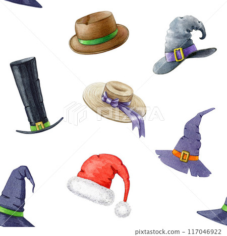 Various hats painted seamless pattern. Vintage style illustration. Hand drawn different design old hat collection seamless pattern. White background 117046922