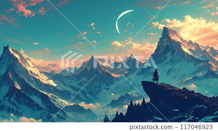 View of high rocky cliffs mountains, anime illustration View of high rocky cliffs mountains, anime illustration 117046923