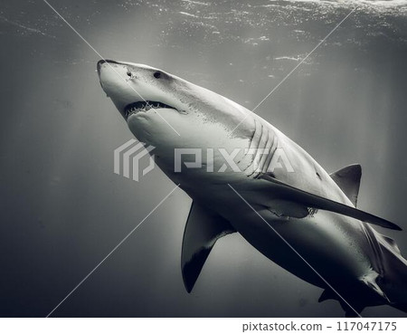 Great white shark swimming in the deep sea 117047175