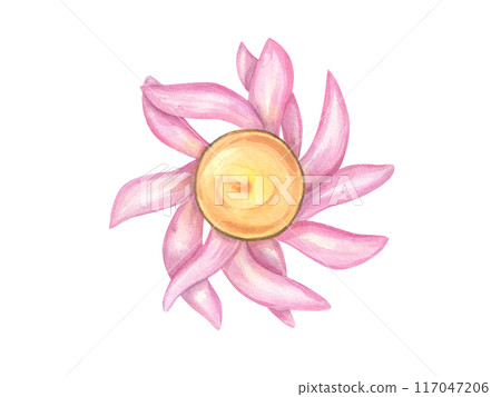 Diya candle in shape of lotus flower. Water lily. Pink petals with vivid yellow center. Diwali burning lamp. Top view of religious symbol. Indian holiday. Watercolor illustration isolated on white 117047206