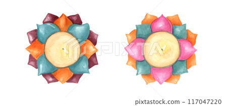Two floral themed candles. Candle with multicolor vibrant petals. Burning Diwali lamp. Artistic Watercolor Design. Hand drawn painting illustration. For invitations, greeting cards, advertising Two floral themed candles. Candle with multicolor vibrant petals. Burning Diwali lamp. Artistic Watercolor Design. Hand drawn painting illustration. For invitations, greeting cards, advertising 117047220