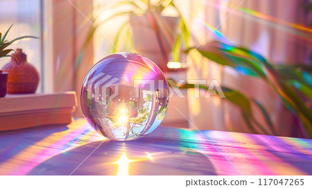 A rainbow-colored crystal ball placed in a room reflecting the surrounding scenery 117047265