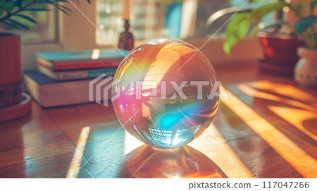 A rainbow-colored crystal ball placed in a room reflecting the surrounding scenery 117047266
