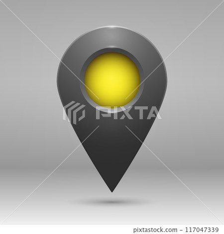 The geolocation icon is dark gray with highlights, shadows and a yellow insert on a gradient background. 117047339