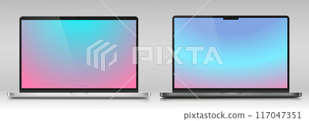 A set of laptop layouts in a metal case. Models of modern laptops with color gradient screens on a gray background. 117047351