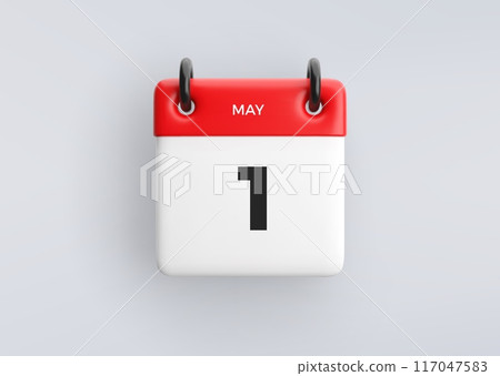 3D calendar icon with date 1 May on grey background. Vector schedule symbol. 117047583