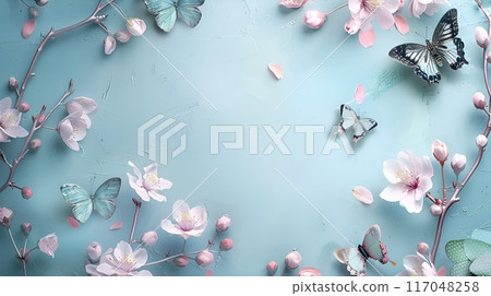 藍色背景，櫻花和飛舞的蝴蝶 117048258