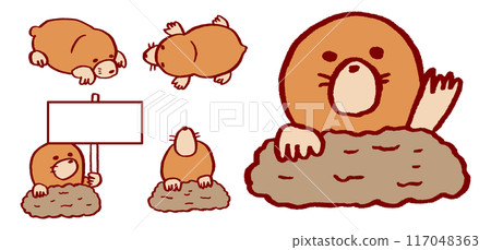 Cute mole character with its head sticking out of a hole 117048363