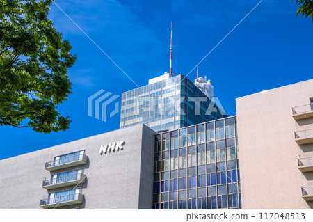 Tokyo cityscape in Japan, overlooking the NHK Broadcasting Center main building in Jinnan, Shibuya Ward, August 1st Tokyo cityscape in Japan, overlooking the NHK Broadcasting Center main building in Jinnan, Shibuya Ward, August 1st 117048513