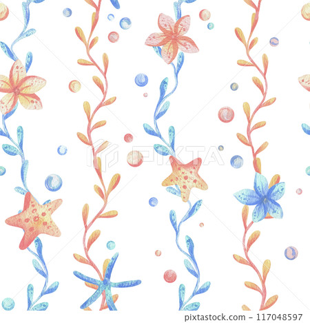 Sea corals, algae, shells, starfish, fish, bubbles. Watercolor illustration hand drawn in coral, turquoise and blue colors. Seamless pattern on a white background 117048597