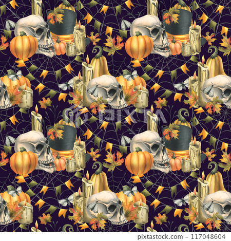 Human skull, black top hat with orange pumpkins, cobwebs, candles and autumn maple leaves. Hand drawn watercolor illustration for Halloween. Seamless pattern on a dark purple background Human skull, black top hat with orange pumpkins, cobwebs, candles and autumn maple leaves. Hand drawn watercolor illustration for Halloween. Seamless pattern on a dark purple background 117048604