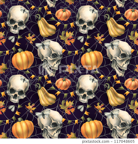Human skull with orange pumpkins, cobwebs, garlands of flags and autumn leaves. Hand drawn watercolor illustration for Halloween and Day of the Dead. Seamless pattern on a dark purple background. 117048605