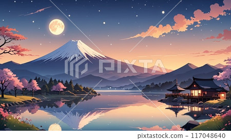 滿月和富士山 117048640