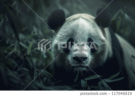 A Giant panda with a curious expression peeks through bamboo leaves. Wildlife Animals. A Giant panda with a curious expression peeks through bamboo leaves. Wildlife Animals. 117048819