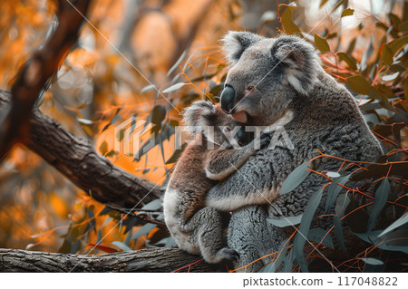Heartwarming side view of a mother koala hugging her baby on a tree branch, surrounded by eucalyptus leaves in a natural setting. Wildlife Animals. Heartwarming side view of a mother koala hugging her baby on a tree branch, surrounded by eucalyptus leaves in a natural setting. Wildlife Animals. 117048822