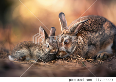 A tender moment between two rabbits, one nuzzling the other, bathed in the warm glow of the sun. Wildlife Animals. A tender moment between two rabbits, one nuzzling the other, bathed in the warm glow of the sun. Wildlife Animals. 117048823
