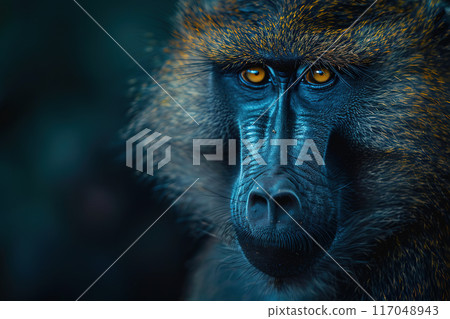 Captivating image of a baboon with an intense gaze, showcasing its expressive eyes and detailed facial features in a shallow depth of field. Wildlife Animals. Captivating image of a baboon with an intense gaze, showcasing its expressive eyes and detailed facial features in a shallow depth of field. Wildlife Animals. 117048943
