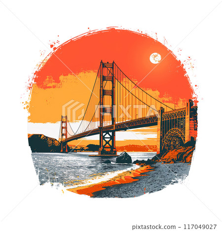 Golden Gate Bridge PNG illustrations showcasing the iconic landmark at different times of day with vibrant colors and stunning artistic details. 117049027