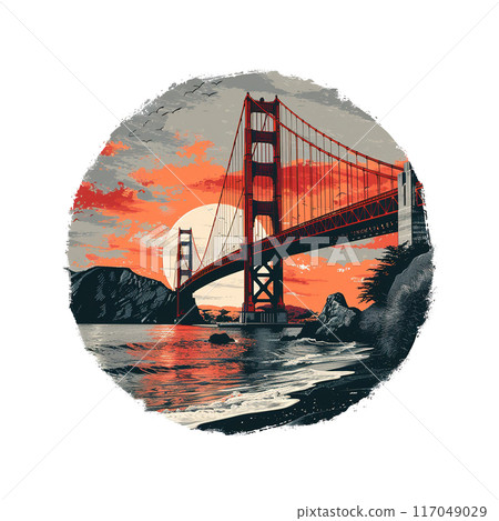 Golden Gate Bridge PNG illustrations showcasing the iconic landmark at different times of day with vibrant colors and stunning artistic details. 117049029