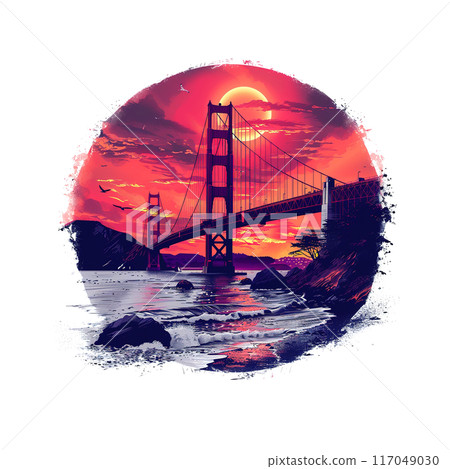 Golden Gate Bridge PNG illustrations showcasing the iconic landmark at different times of day with vibrant colors and stunning artistic details. 117049030