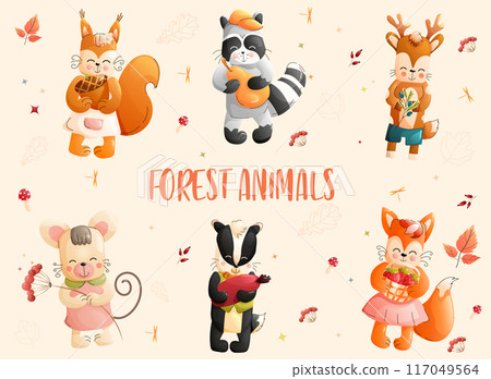Children cute animals set featuring a squirrel, raccoon, deer, mouse, badger, and fox with autumn elements. Children cute animals set featuring a squirrel, raccoon, deer, mouse, badger, and fox with autumn elements. 117049564
