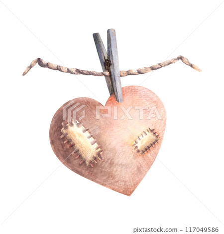 Watercolor Heart on a clothespin hanging on a rope with patches. Cute Valentines Day greeting cards, handmade gift , vintage symbol of love. Hand drawn Illustration in beige colours on isolated 117049586
