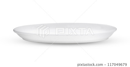 Empty white plate isolated on white background Empty white plate isolated on white background 117049679
