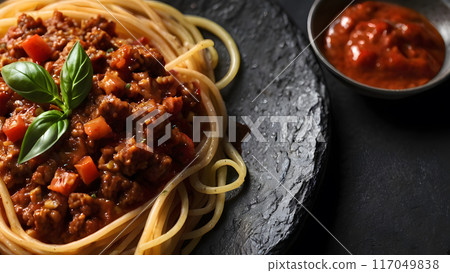 Photo of Spaghetti Bolognese served on a black stone table Photo of Spaghetti Bolognese served on a black stone table 117049838