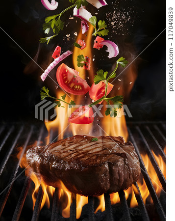Steak Floating, The steak is placed on a hot grill 117049839